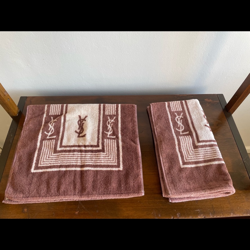 Two Vintage Yves Saint Laurent Brown and Beige Hand Towels